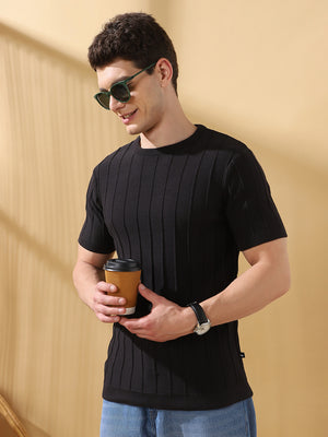 Men Black Self Design Round Neck Cotton T-shirt