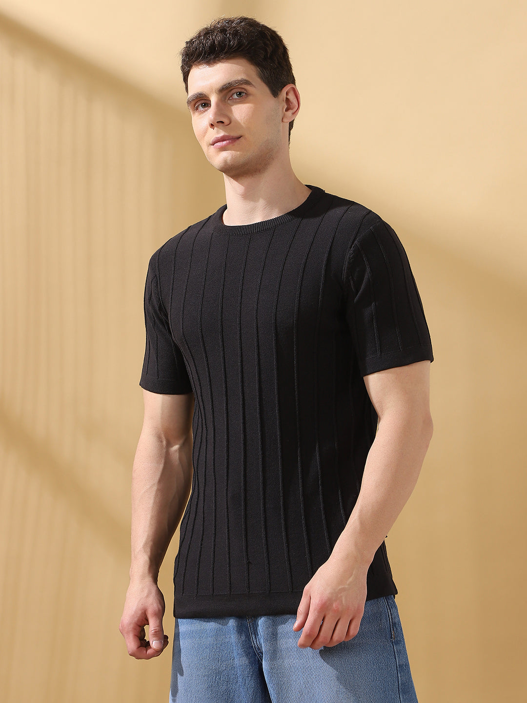 Men Black Self Design Round Neck Cotton T-shirt