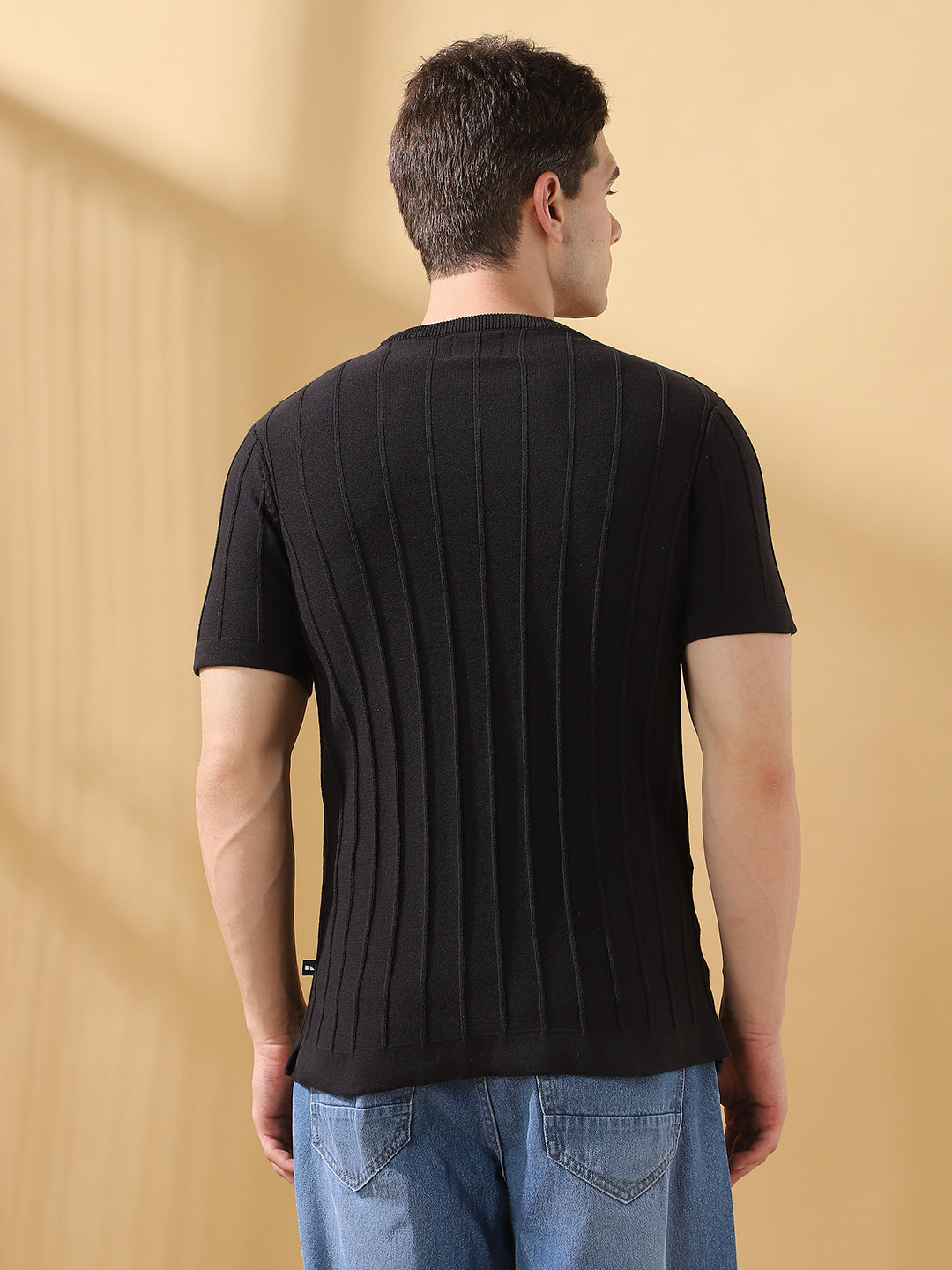 Men Black Self Design Round Neck Cotton T-shirt