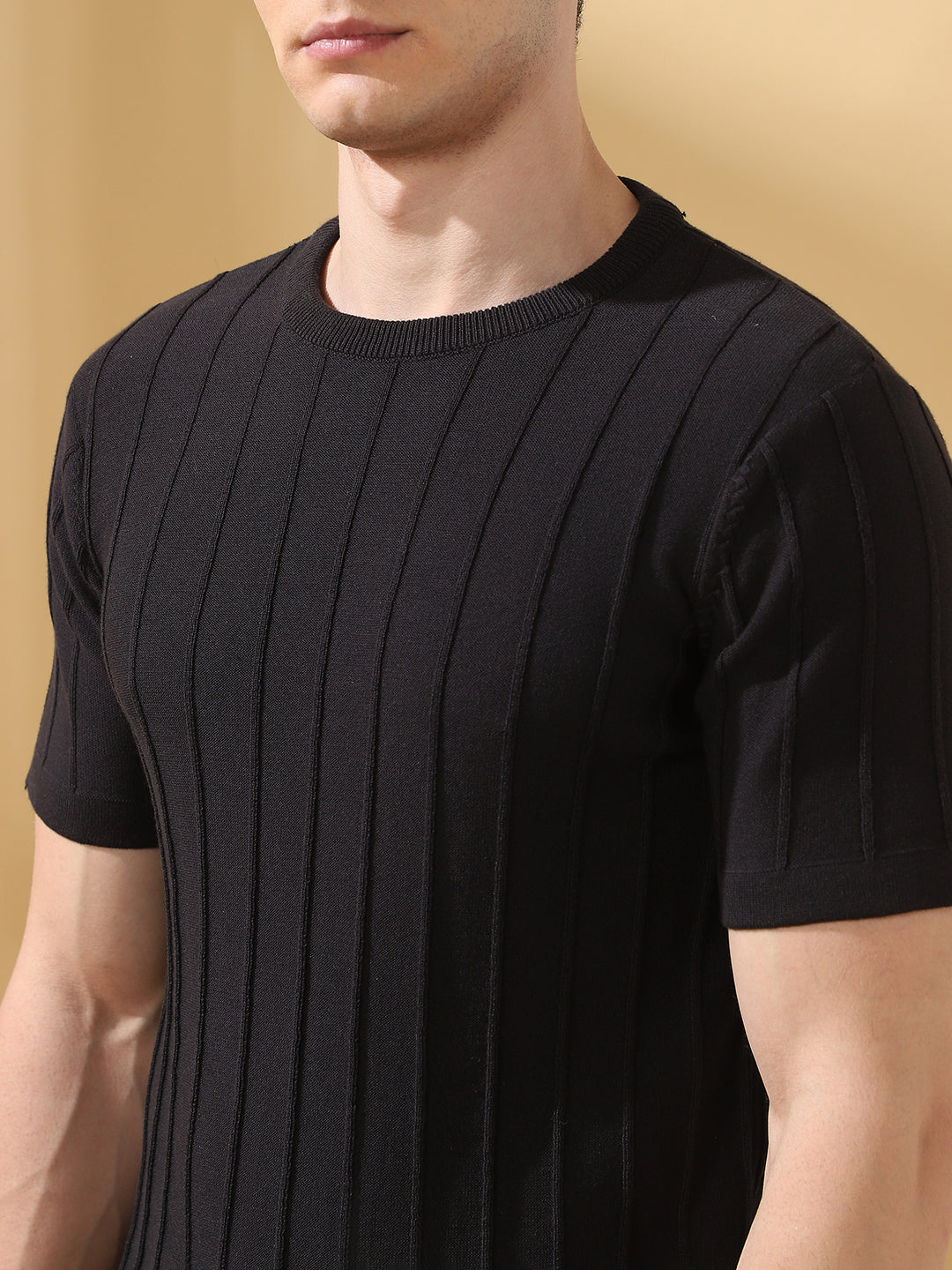 Men Black Self Design Round Neck Cotton T-shirt