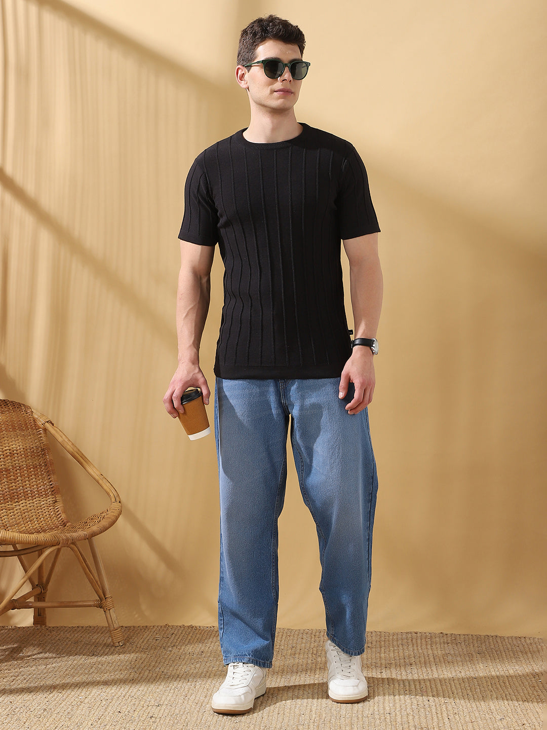 Men Black Self Design Round Neck Cotton T-shirt