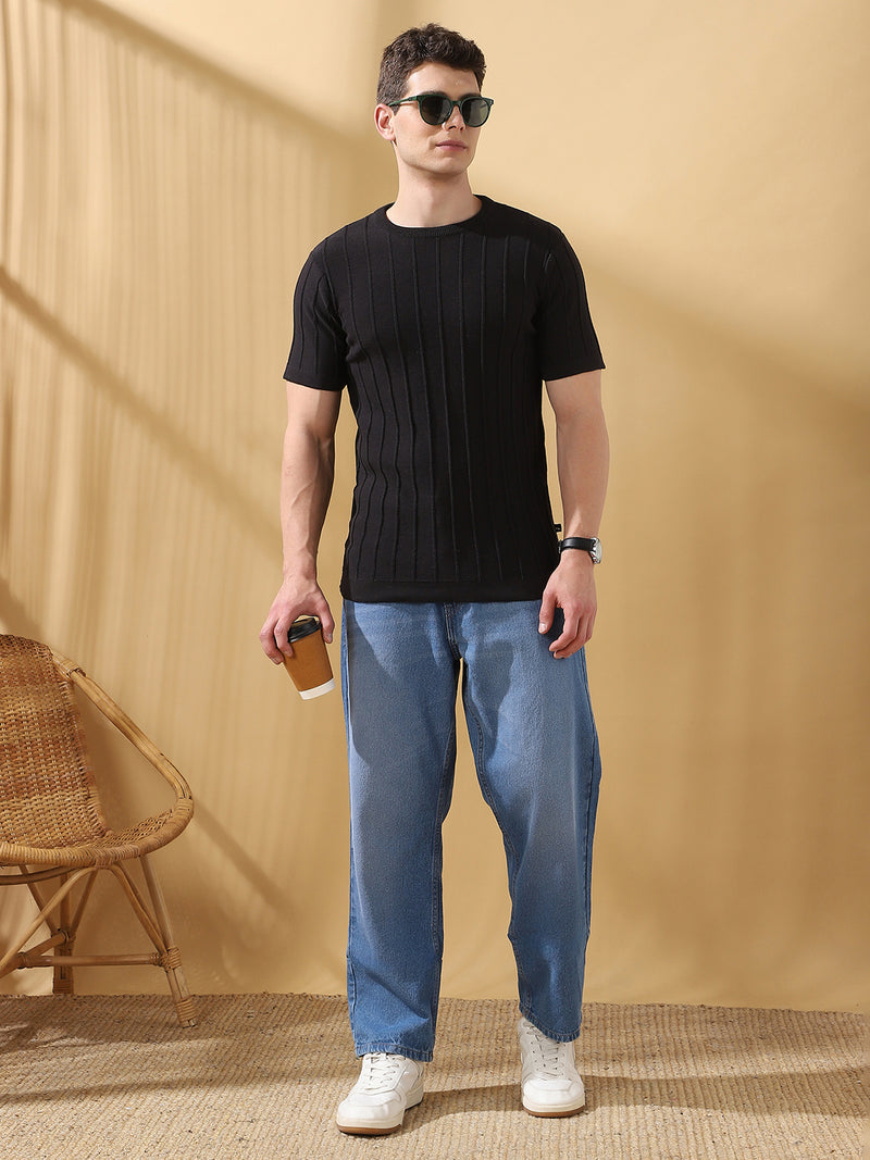 Men Black Self Design Round Neck Cotton T-shirt