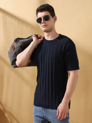 Men Navy Self Design Round Neck Cotton T-shirt