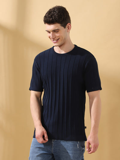 Men Navy Self Design Round Neck Cotton T-shirt