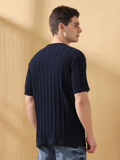 Men Navy Self Design Round Neck Cotton T-shirt