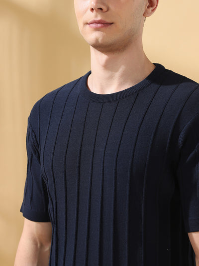 Men Navy Self Design Round Neck Cotton T-shirt