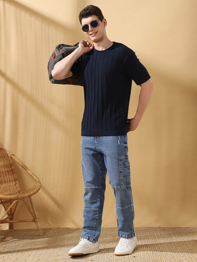 Men Navy Self Design Round Neck Cotton T-shirt