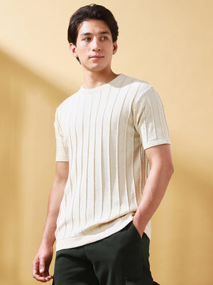 Men Off White Self Design Round Neck Cotton T-shirt