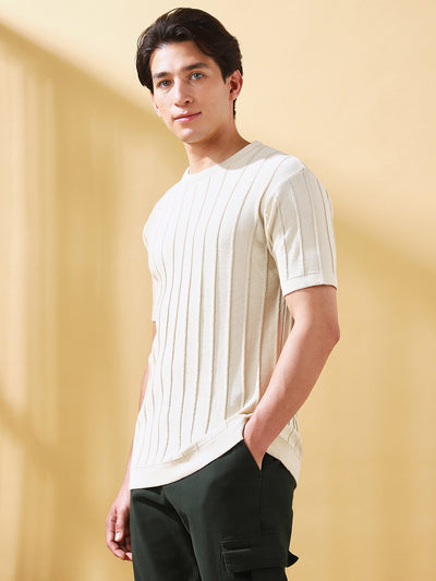 Men Off White Self Design Round Neck Cotton T-shirt