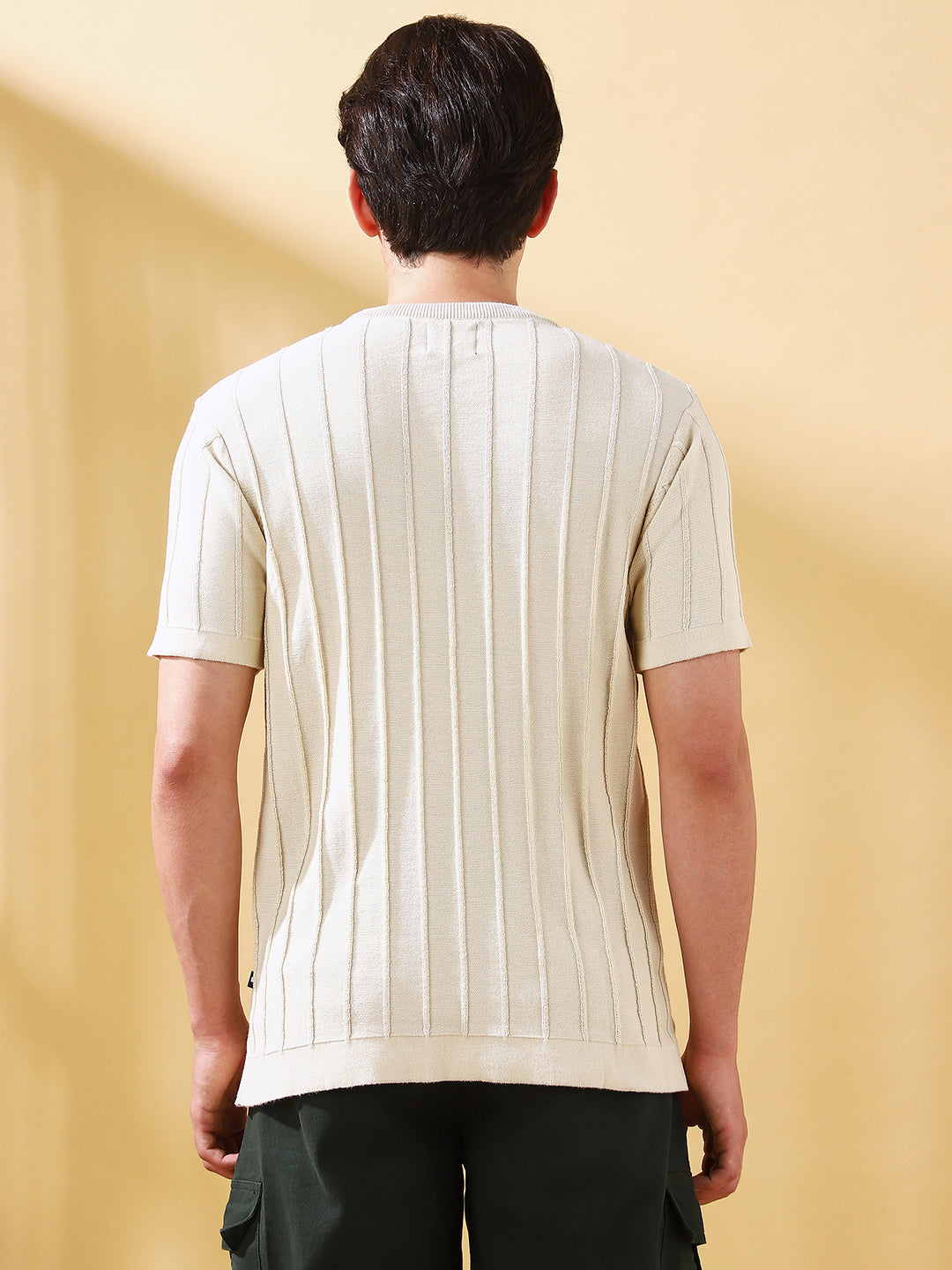Men Off White Self Design Round Neck Cotton T-shirt
