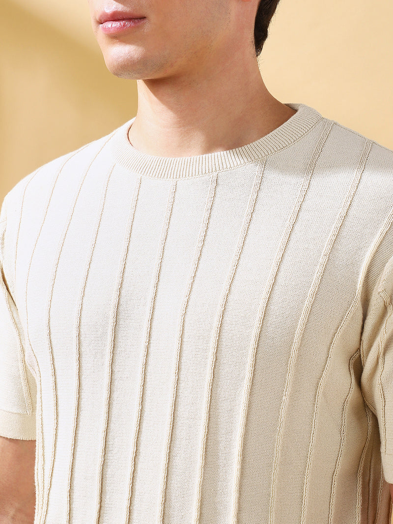 Men Off White Self Design Round Neck Cotton T-shirt