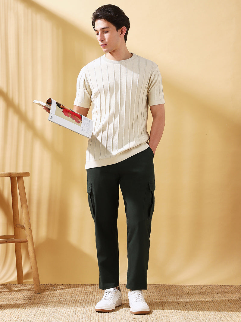 Men Off White Self Design Round Neck Cotton T-shirt