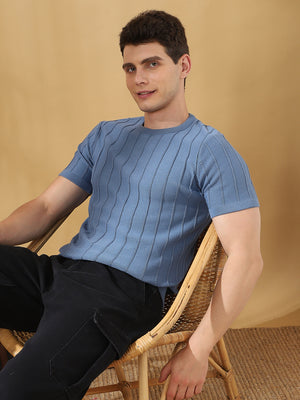 Men Blue Self Design Round Neck Cotton T-shirt