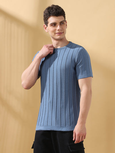 Men Blue Self Design Round Neck Cotton T-shirt