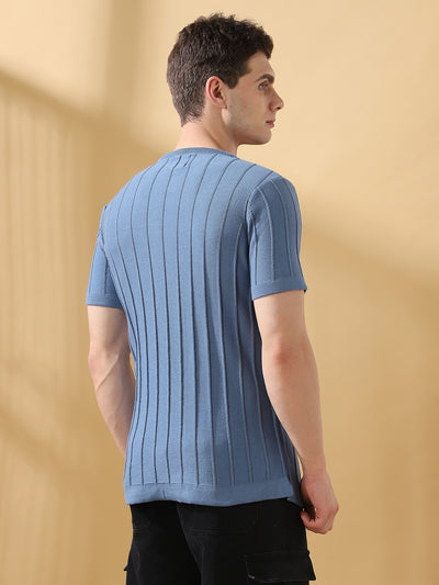 Men Blue Self Design Round Neck Cotton T-shirt