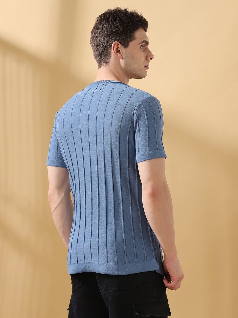 Men Blue Self Design Round Neck Cotton T-shirt