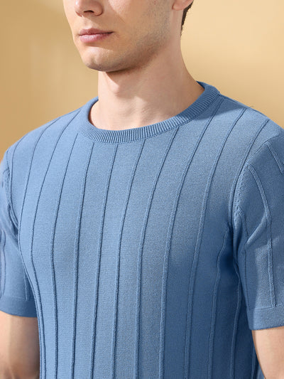 Men Blue Self Design Round Neck Cotton T-shirt
