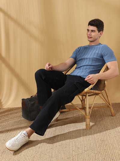 Men Blue Self Design Round Neck Cotton T-shirt