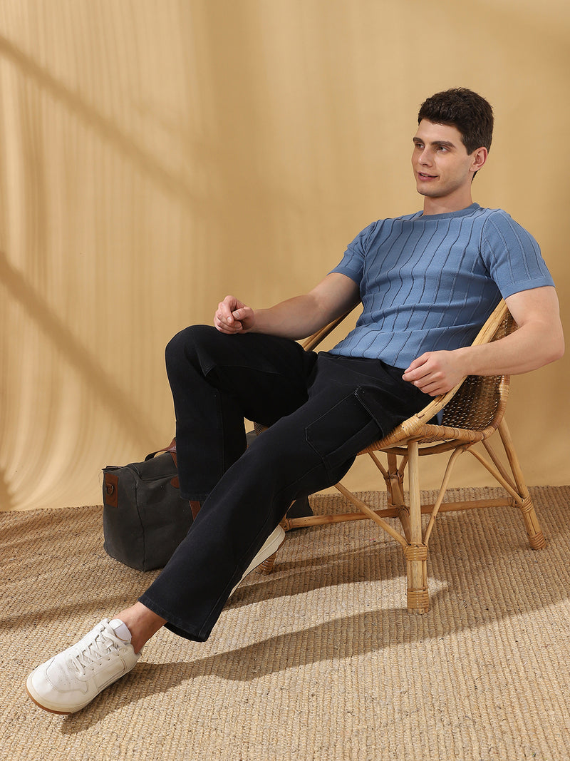 Men Blue Self Design Round Neck Cotton T-shirt