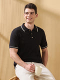 Men Black Self Design Polo Collar Cotton Relaxed Fit T-shirt