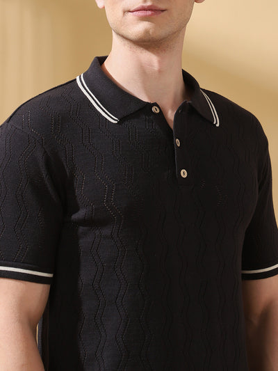 Men Black Self Design Polo Collar Cotton Relaxed Fit T-shirt