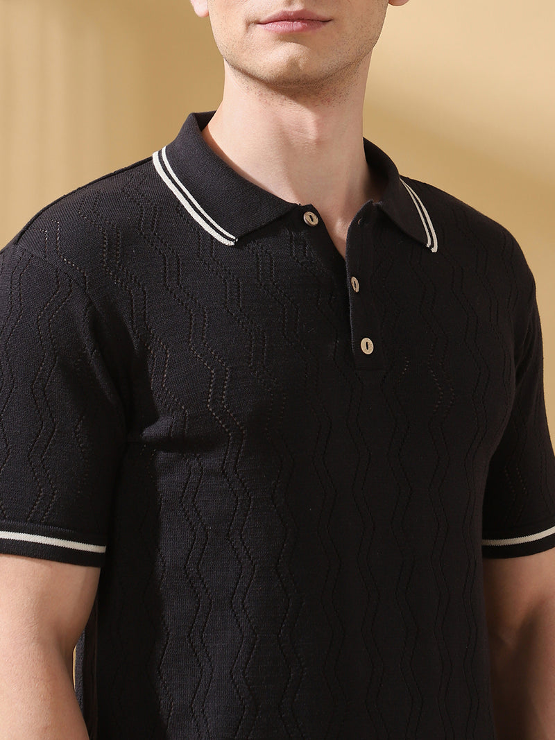 Men Black Self Design Polo Collar Cotton Relaxed Fit T-shirt