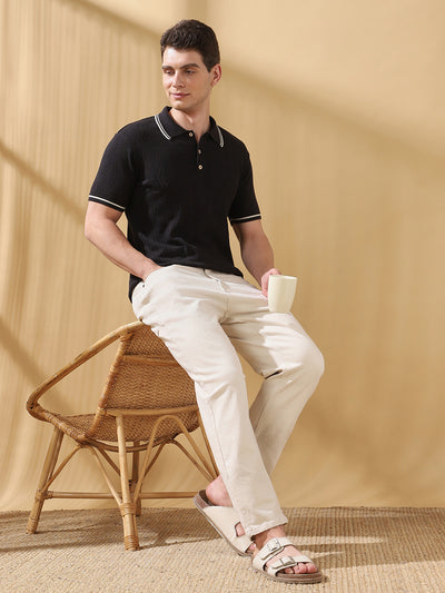 Men Black Self Design Polo Collar Cotton Relaxed Fit T-shirt