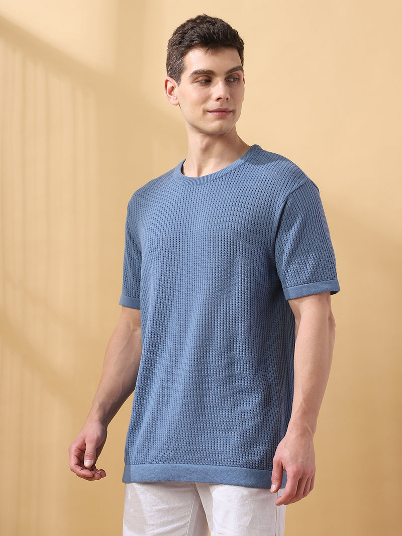 Men's Self Design Round Neck Half Sleeves T-shirt