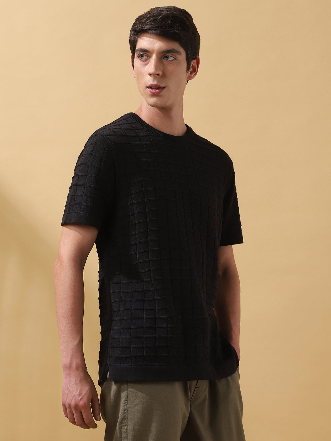 Men's Self Design Round Neck Half Sleeves T-shirt