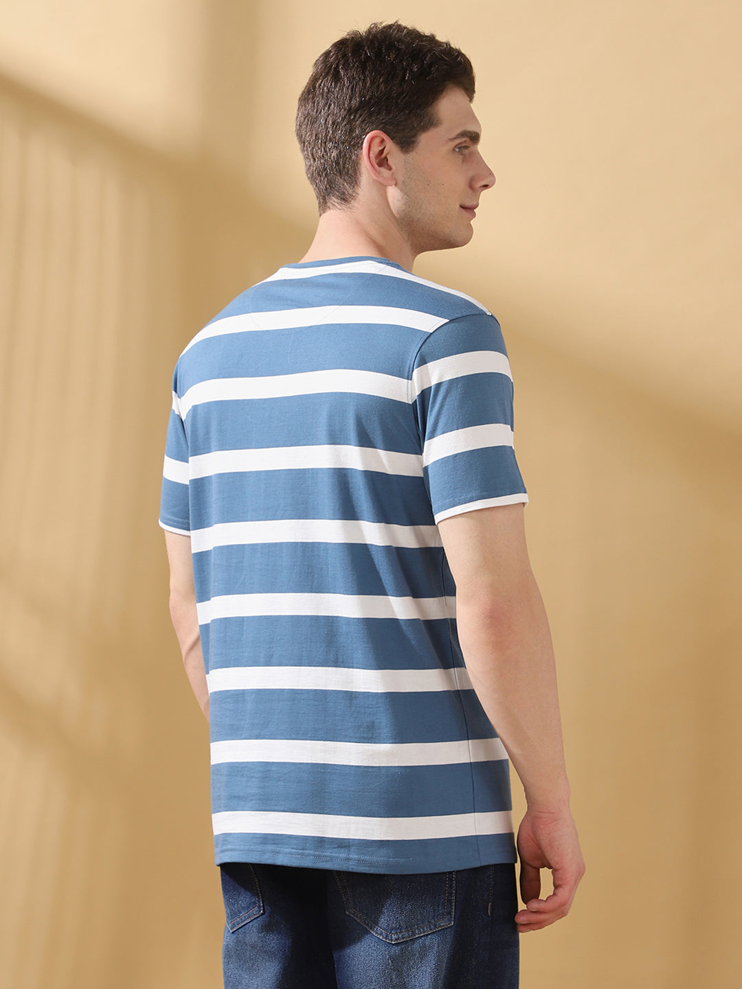 Men Blue Striped Round Neck Cotton T-shirt