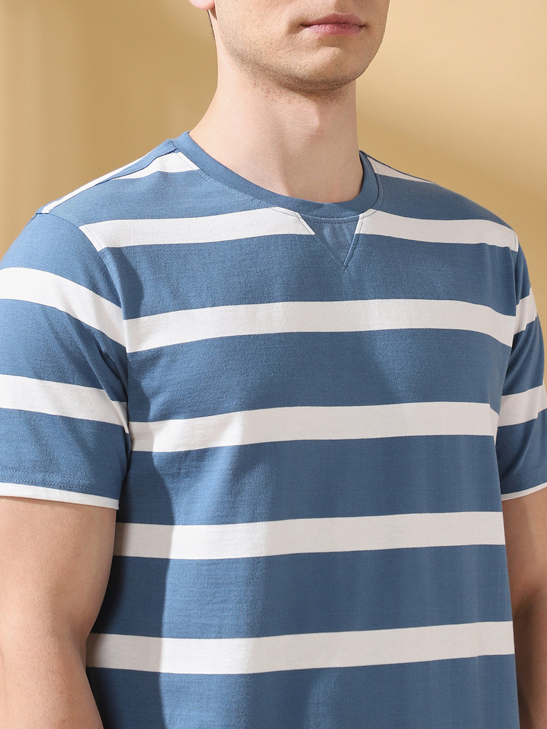 Men Blue Striped Round Neck Cotton T-shirt