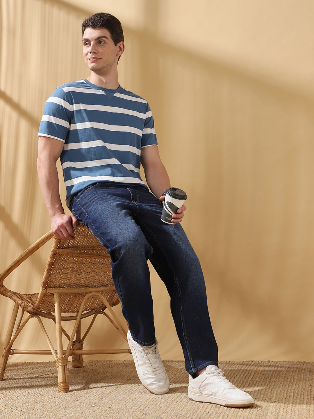 Men Blue Striped Round Neck Cotton T-shirt