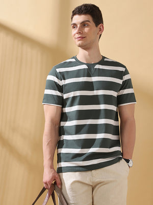 Men Green Striped Round Neck Cotton T-shirt
