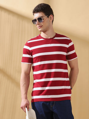 Men Maroon Striped Round Neck Cotton T-shirt