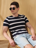 Men Navy Striped Round Neck Cotton T-shirt
