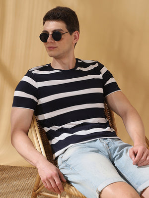 Men Navy Striped Round Neck Cotton T-shirt