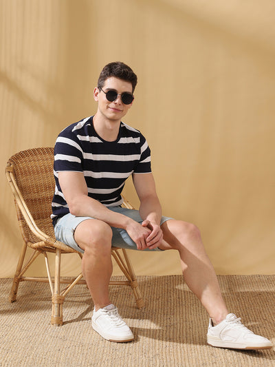 Men Navy Striped Round Neck Cotton T-shirt