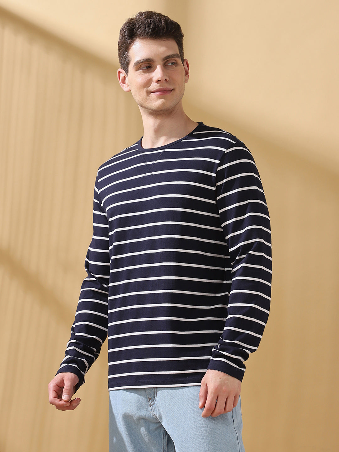 Men Striped Round Neck Cotton T-shirt