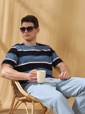 Men Striped Round Neck Cotton T-shirt