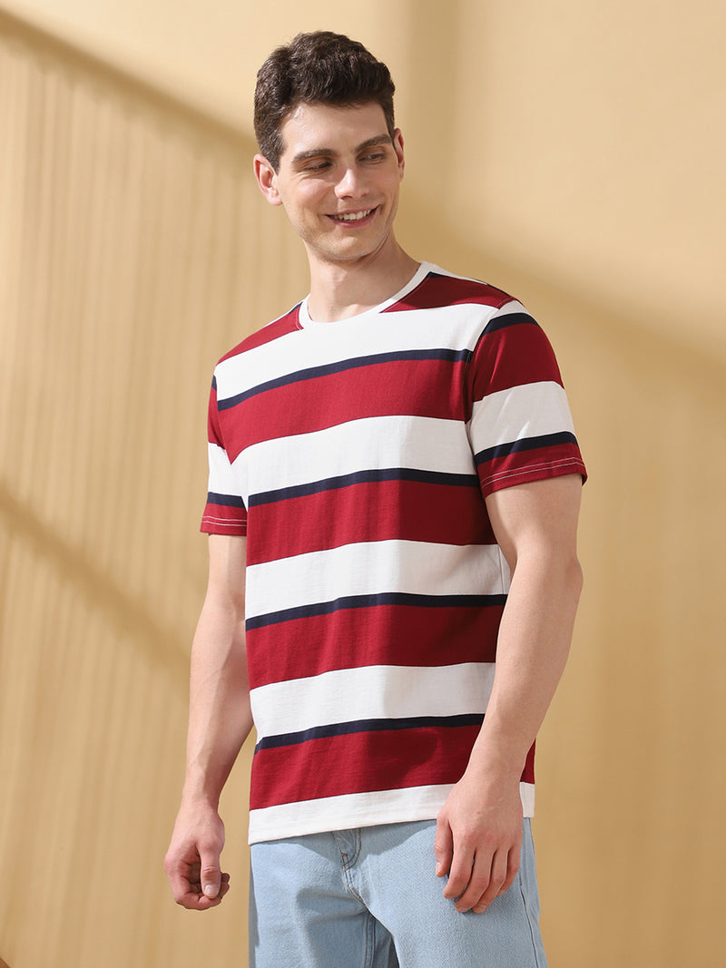 Men Striped Round Neck Cotton T-shirt