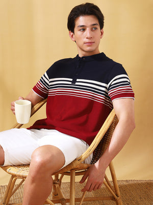 Men Maroon Striped Henley Neck Half Sleeves T-shirt