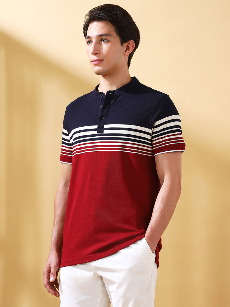 Men Maroon Striped Henley Neck Half Sleeves T-shirt