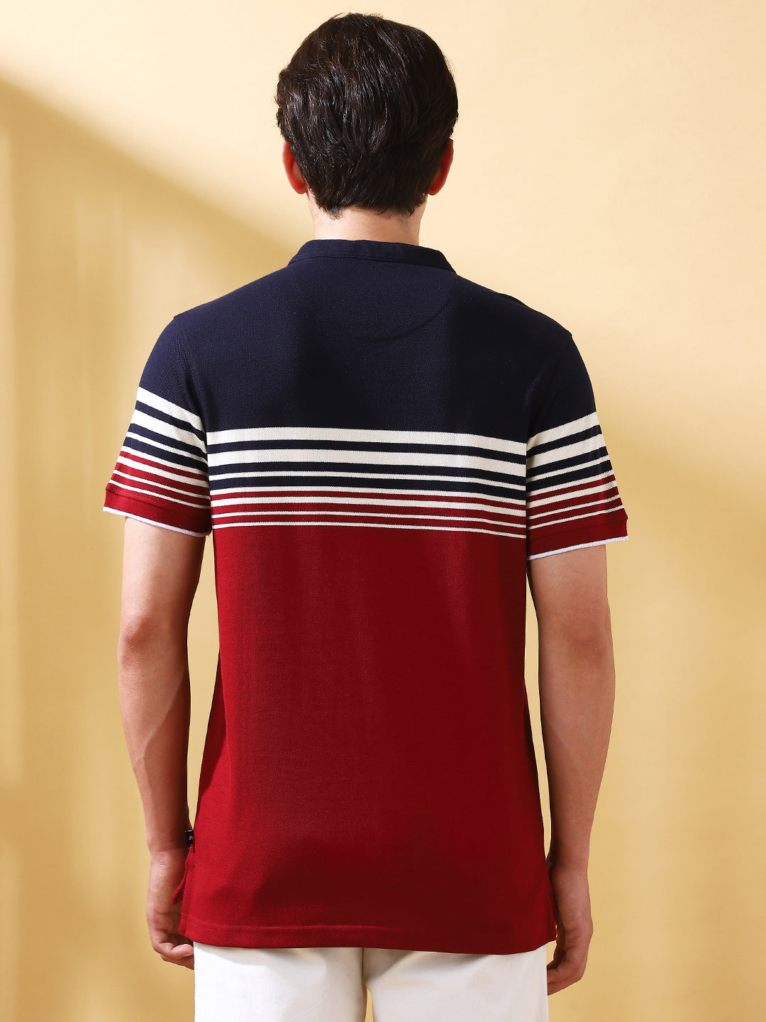Men Maroon Striped Henley Neck Half Sleeves T-shirt