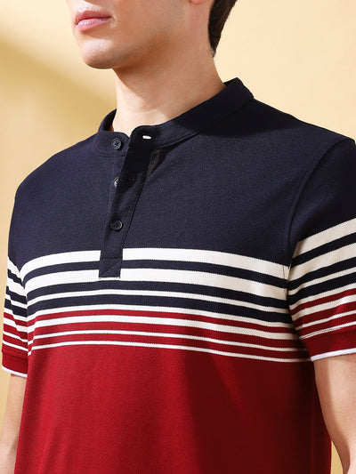Men Maroon Striped Henley Neck Half Sleeves T-shirt