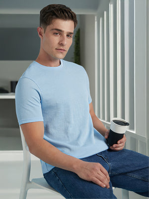 Men Sky Blue Solid Textured Round Neck Half Sleeves Regular Fit T-Shirt