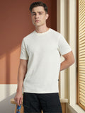 Men Off White Solid Textured Round Neck Half Sleeves Regular Fit T-Shirt