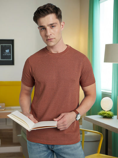Men Rust Solid Textured Round Neck Half Sleeves Regular Fit T-Shirt