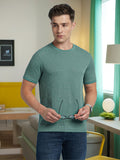 Men Sage Green Solid Textured Round Neck Half Sleeves Regular Fit T-Shirt