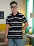 Men Black Textured Stripes Polo Collar Half Sleeves Regular Fit T-Shirt