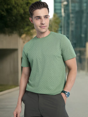 Men Olive Solid Textured Round Neck Half Sleeves Regular Fit T-Shirt